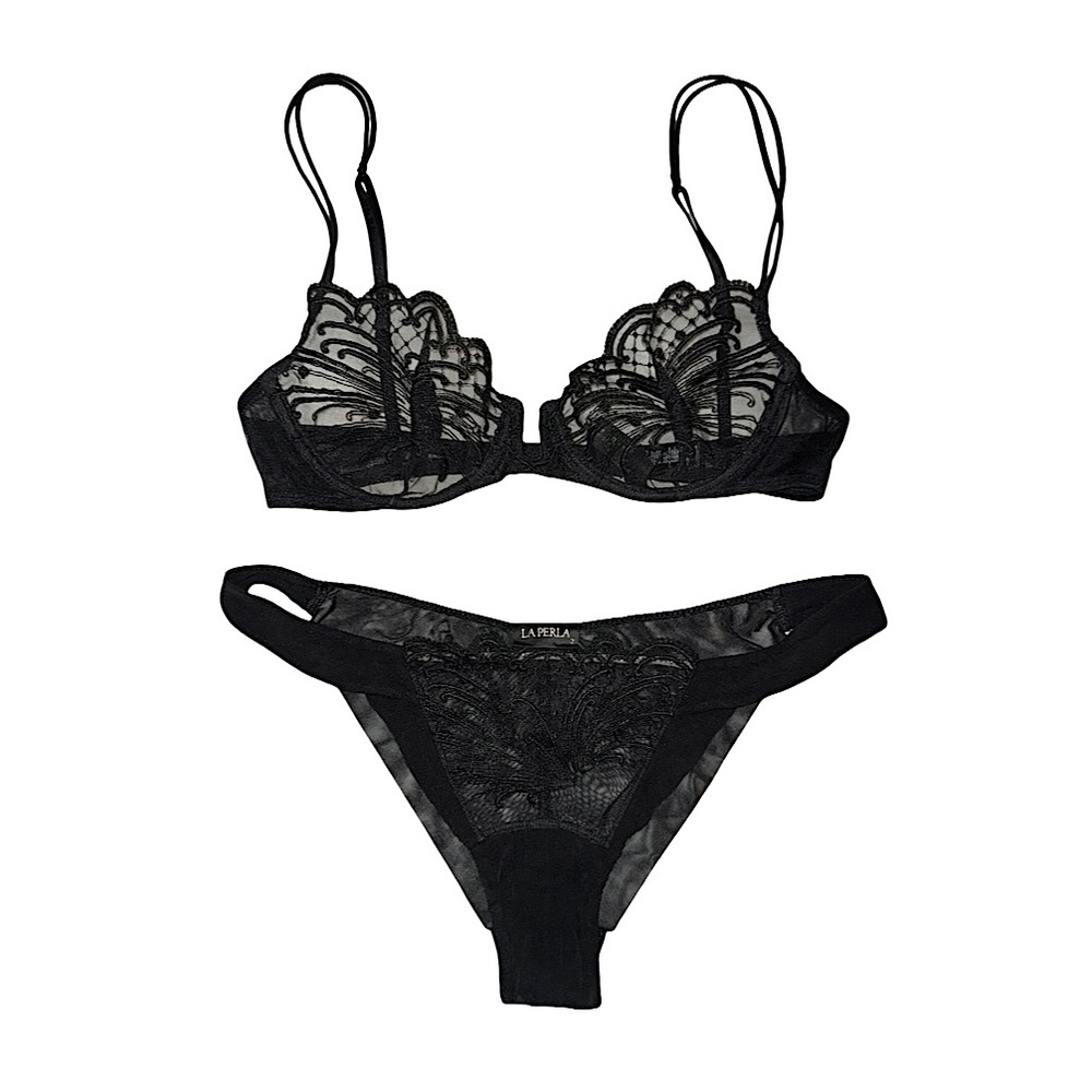 LA PERLA Lace Mesh Underwire Bra & Panty Set - Black - 32C / 1